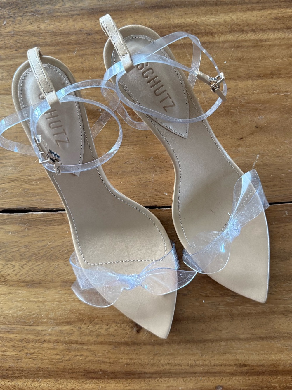 SCHUTZ Never Worn Nude Pointed-Toe Heels with Sheer Bow and Clear Ankle Straps